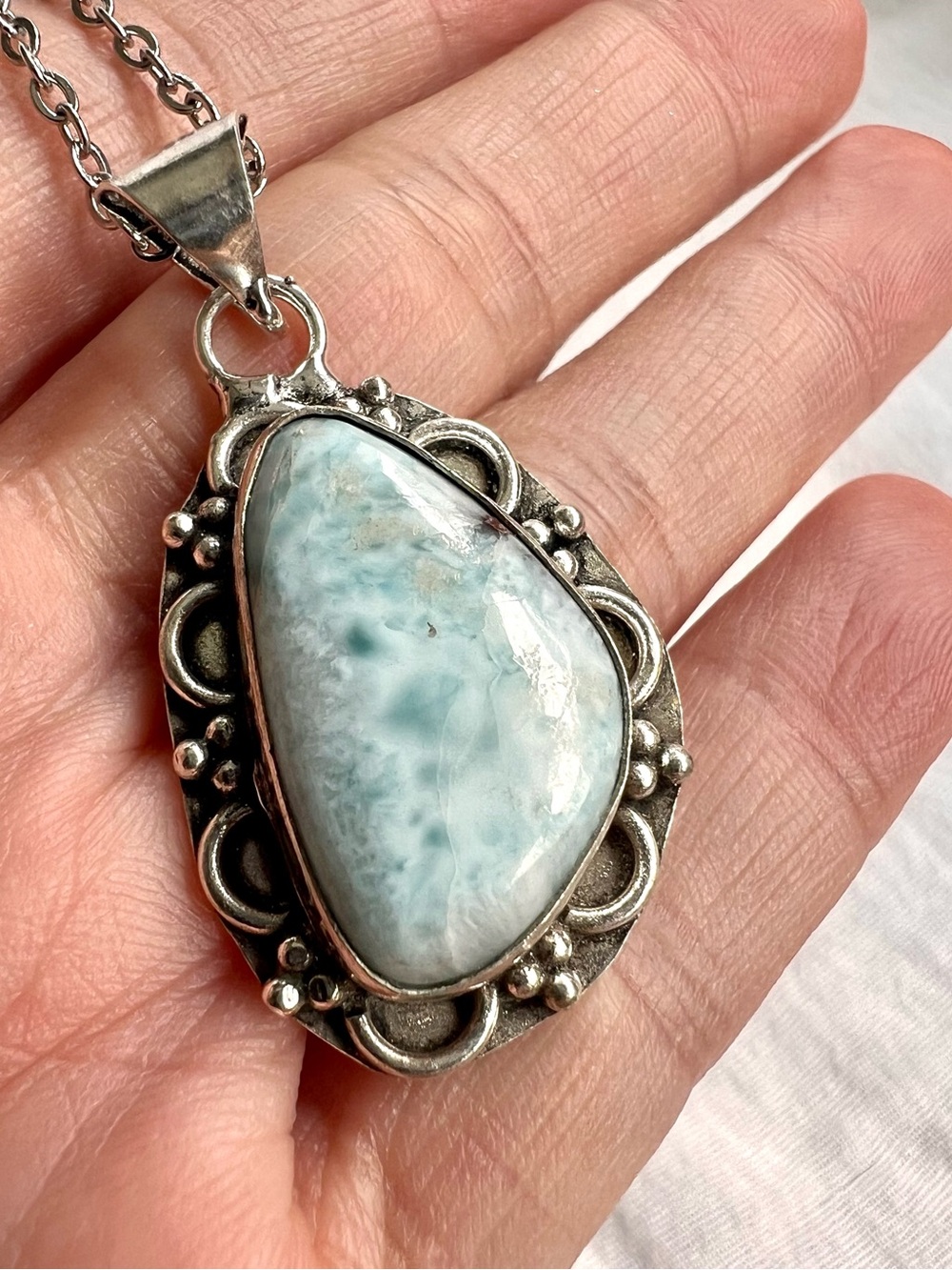 925 Caribbean Larimar Organic Shaped Pendant Necklace - Picture 6 of 9